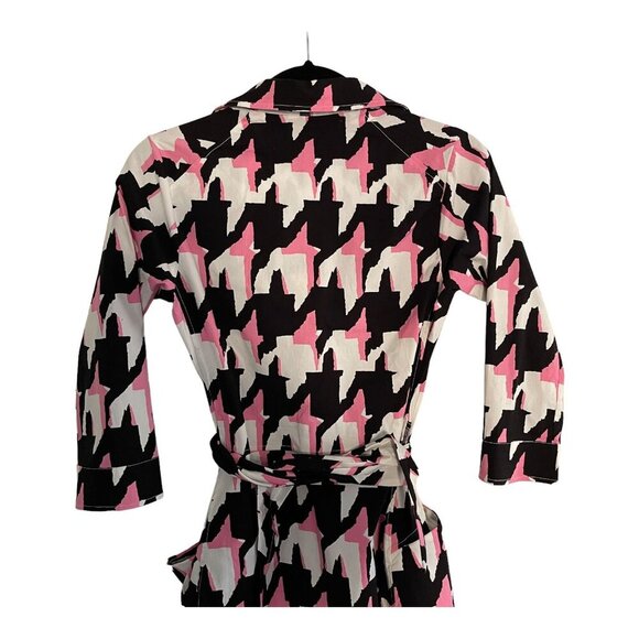 Samantha Sung Pink Black Houndstooth Print Shirt Dress Wrap Belt Pockets Size S - Picture 6 of 11